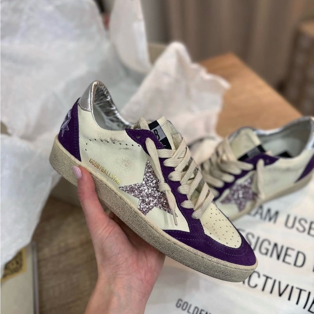 Golden Goose Ball Star Sneaker White Leather/Purple/Glitter sz 38 New in Box